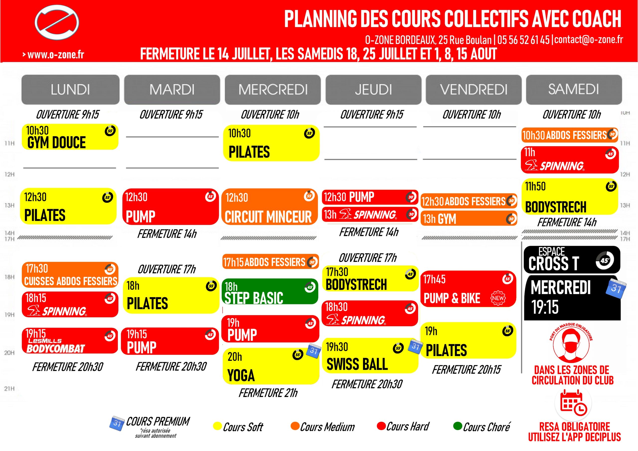 OZone Planning été Salle de Sport OZone à Bordeaux