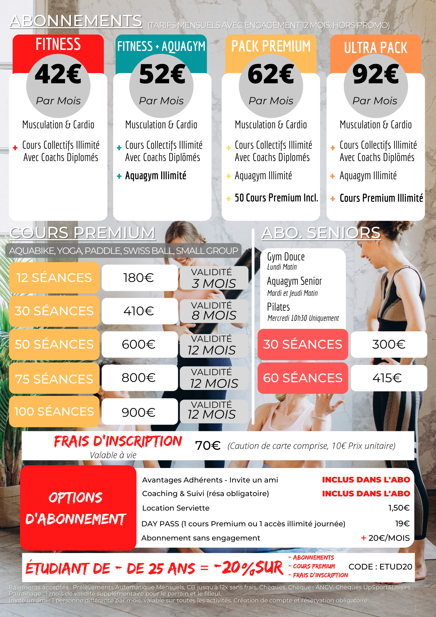 tarifs prix o-zone bordeaux fitness aquagym aquabike yoga premium promotion étudiant