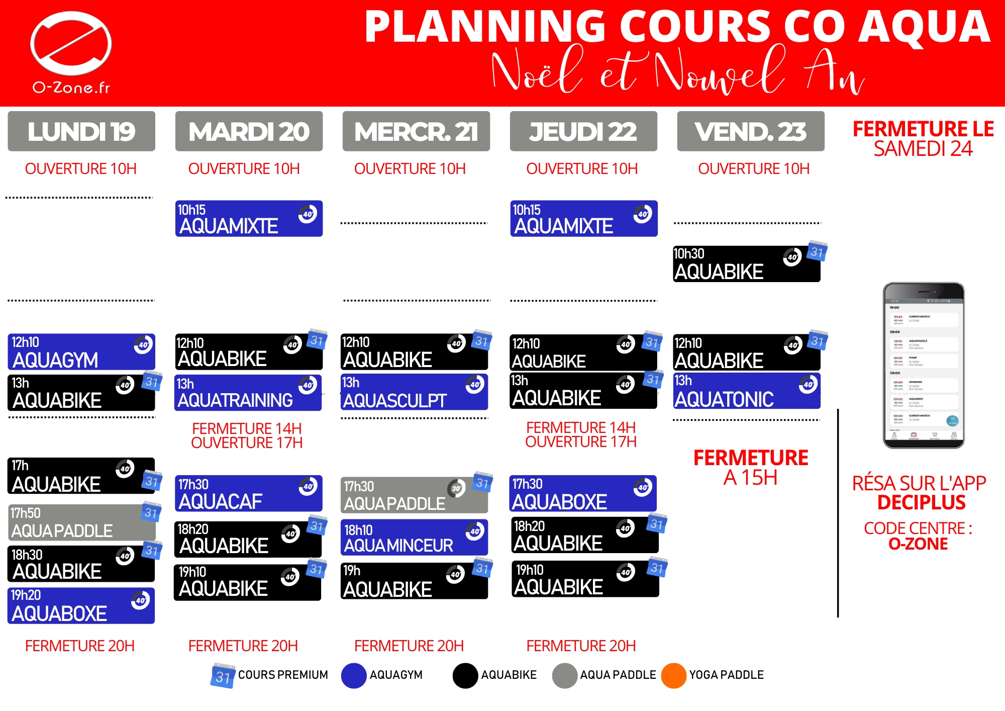 SEM 1 NOEL 22 PLANNING AQUA planning Aqua de noel du 19 au 23 décembre salle de sport o-zone à bordeaux