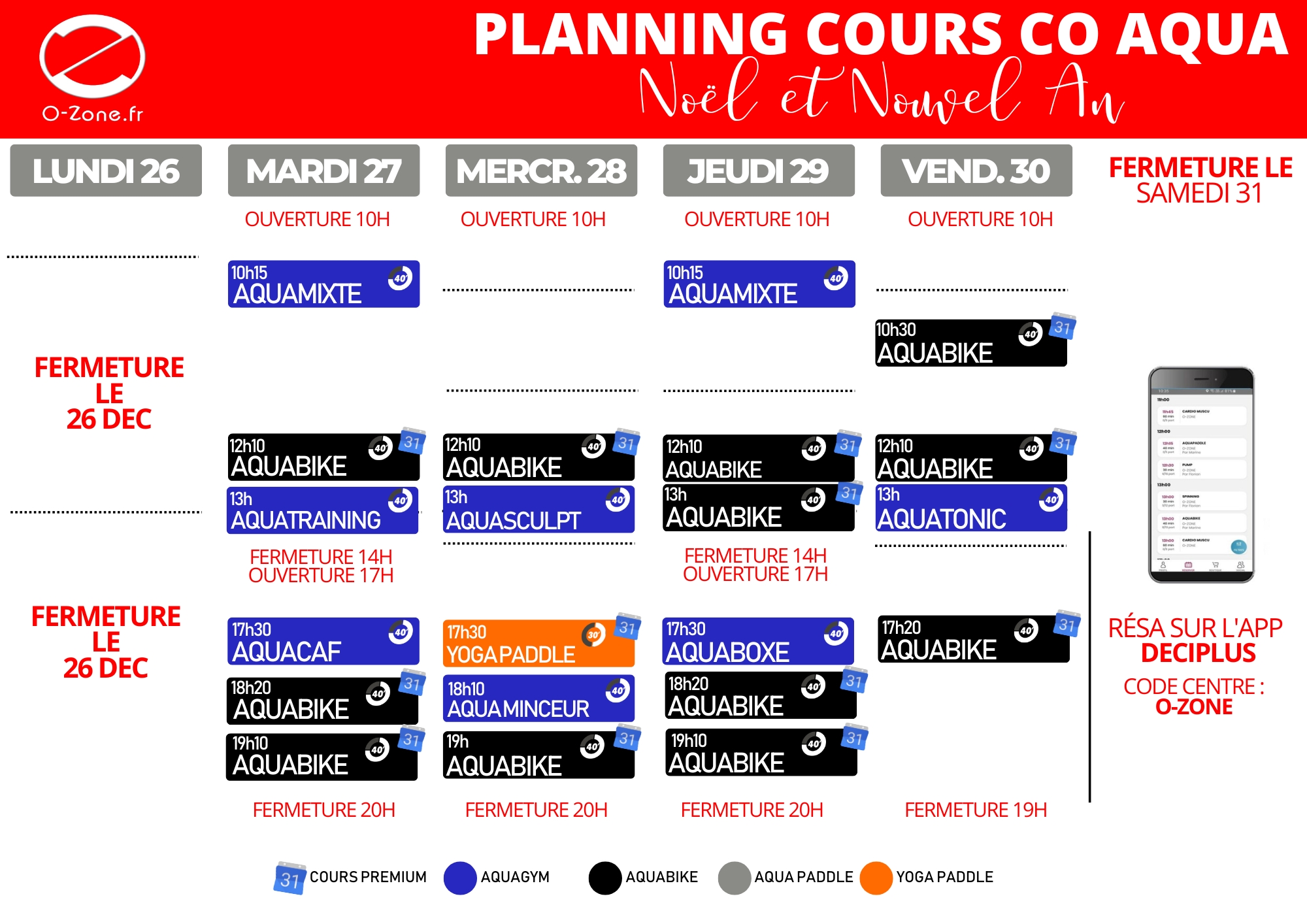 SEM 2 NOEL 22 PLANNING AQUA planning aqua de noel du 27 au 30 décembre salle de sport o-zone à bordeaux