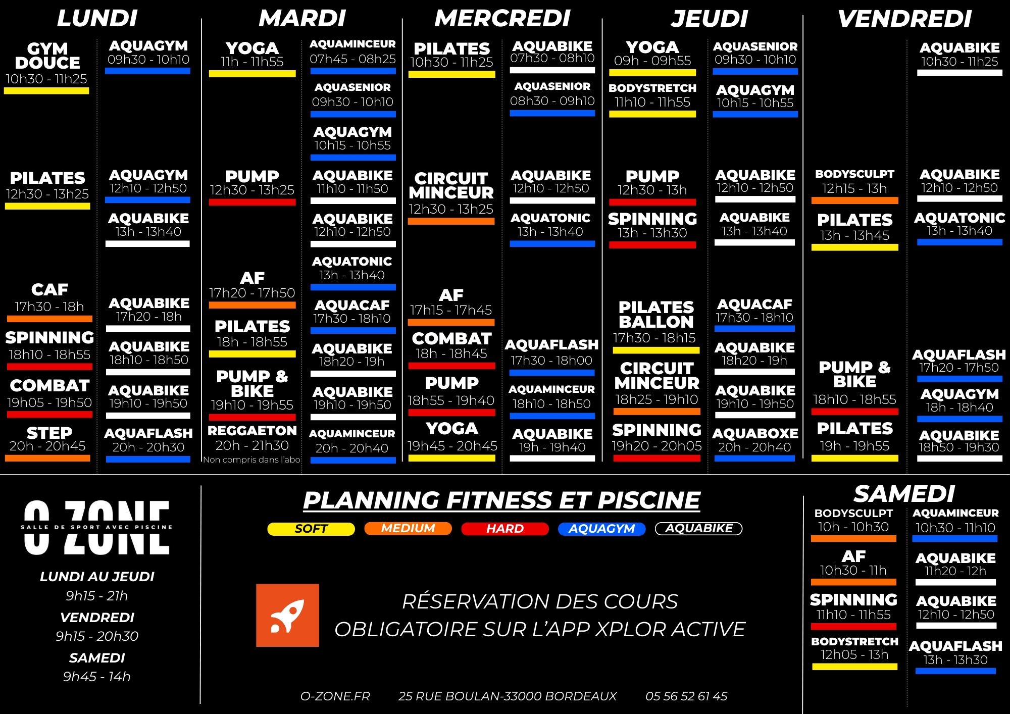 Planning 2025 2026 Fitness et Piscine salle de sport O-zone à Bordeaux Planning des cours fitness et piscine de la salle de sport o-zone à bordeaux