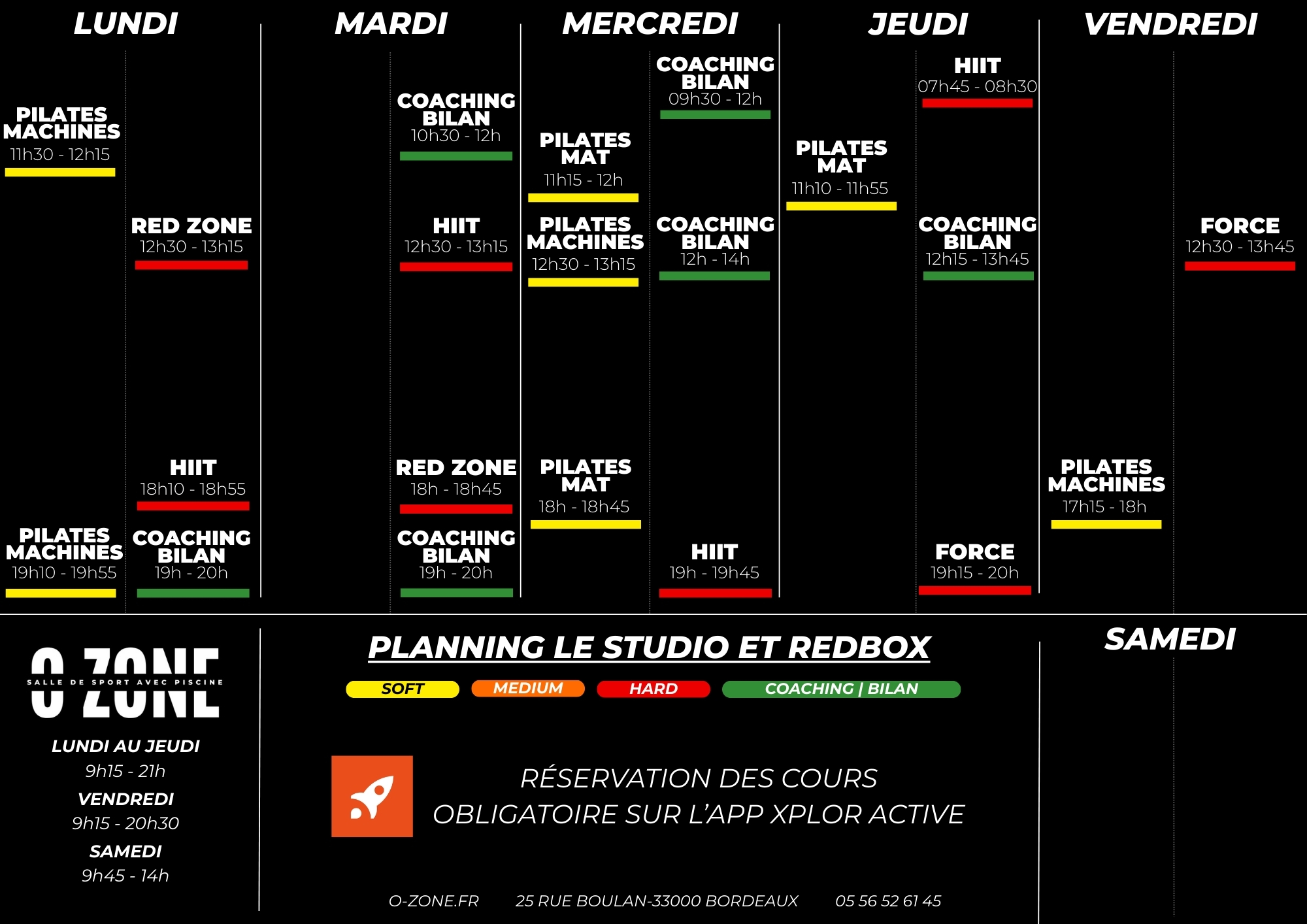 Planning 2025 2026 Le Studio Pilates et Redbox salle de sport O-zone à Bordeaux Planning des cours Le Studio Pilates et Redbox de la salle de sport o-zone à bordeaux