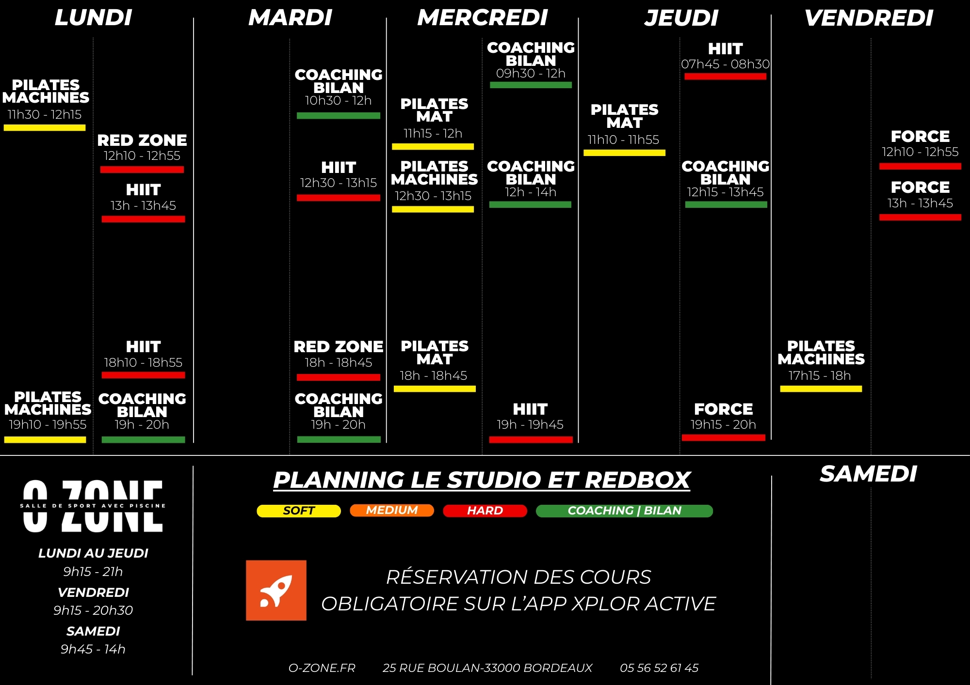 Planning des cours Le Studio Pilates et Redbox de la salle de sport o-zone à bordeaux
