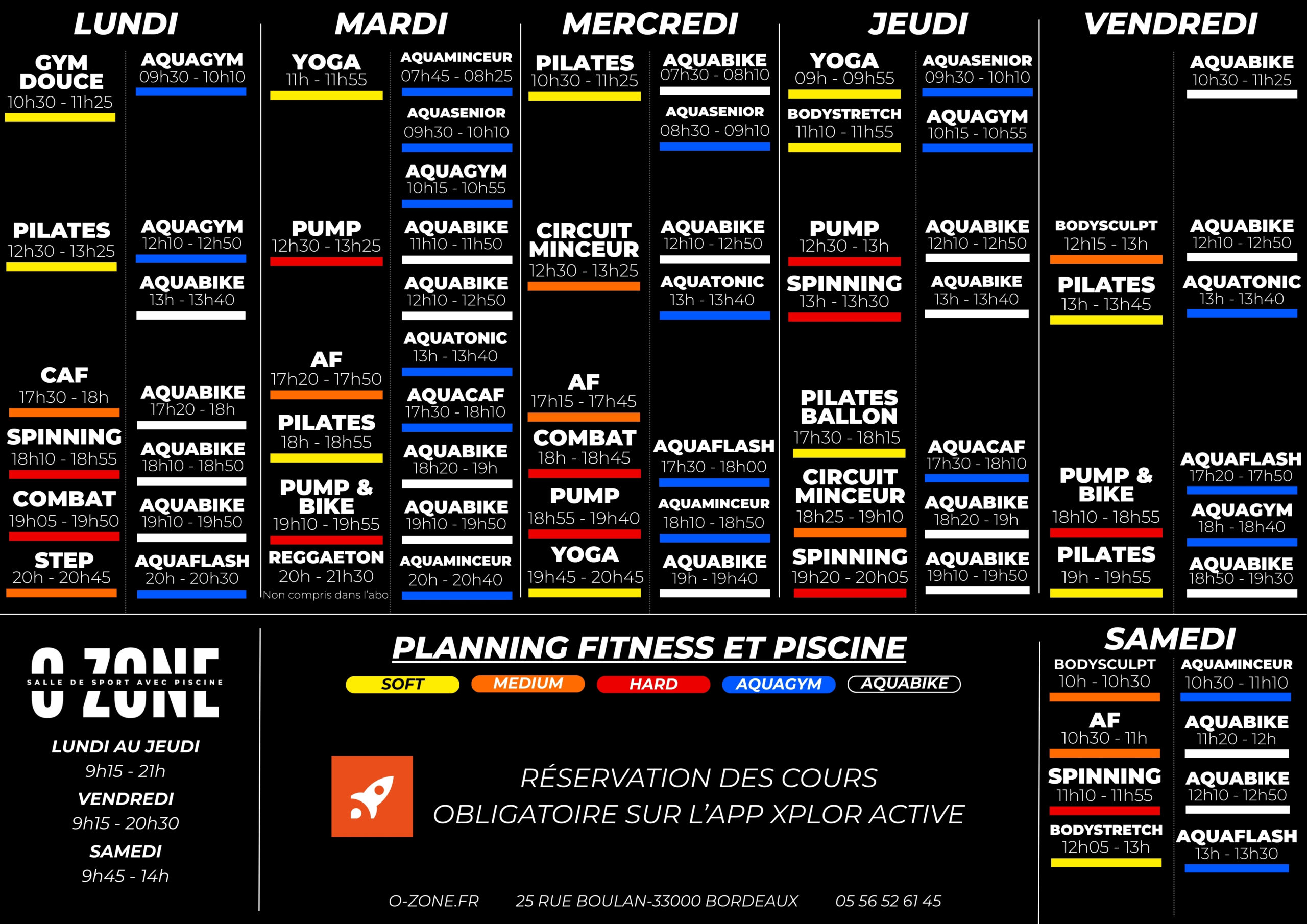 Planning des cours fitness et piscine de la salle de sport o-zone à bordeaux