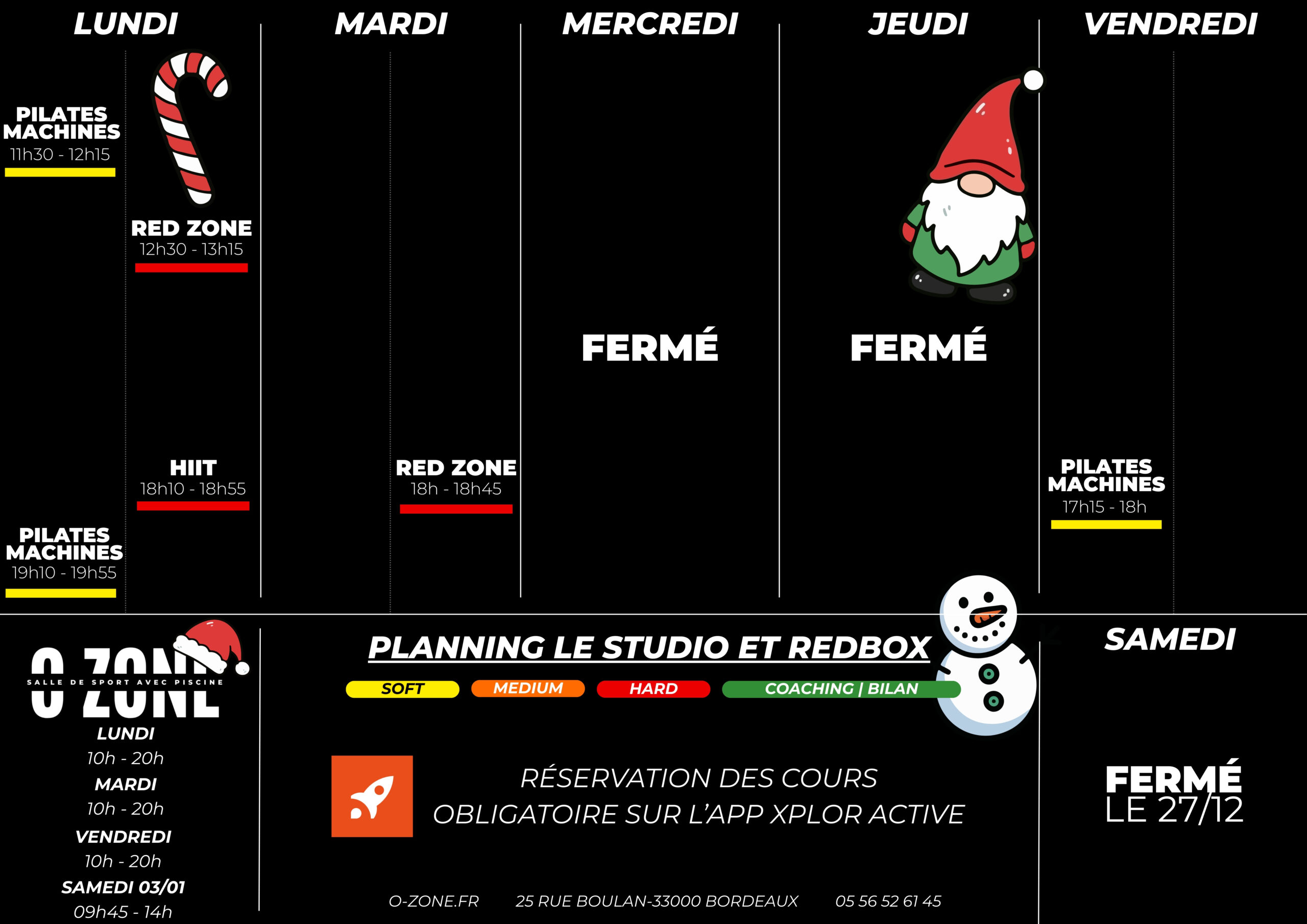 planning de noel aqua salle de sport o-zone bordeaux