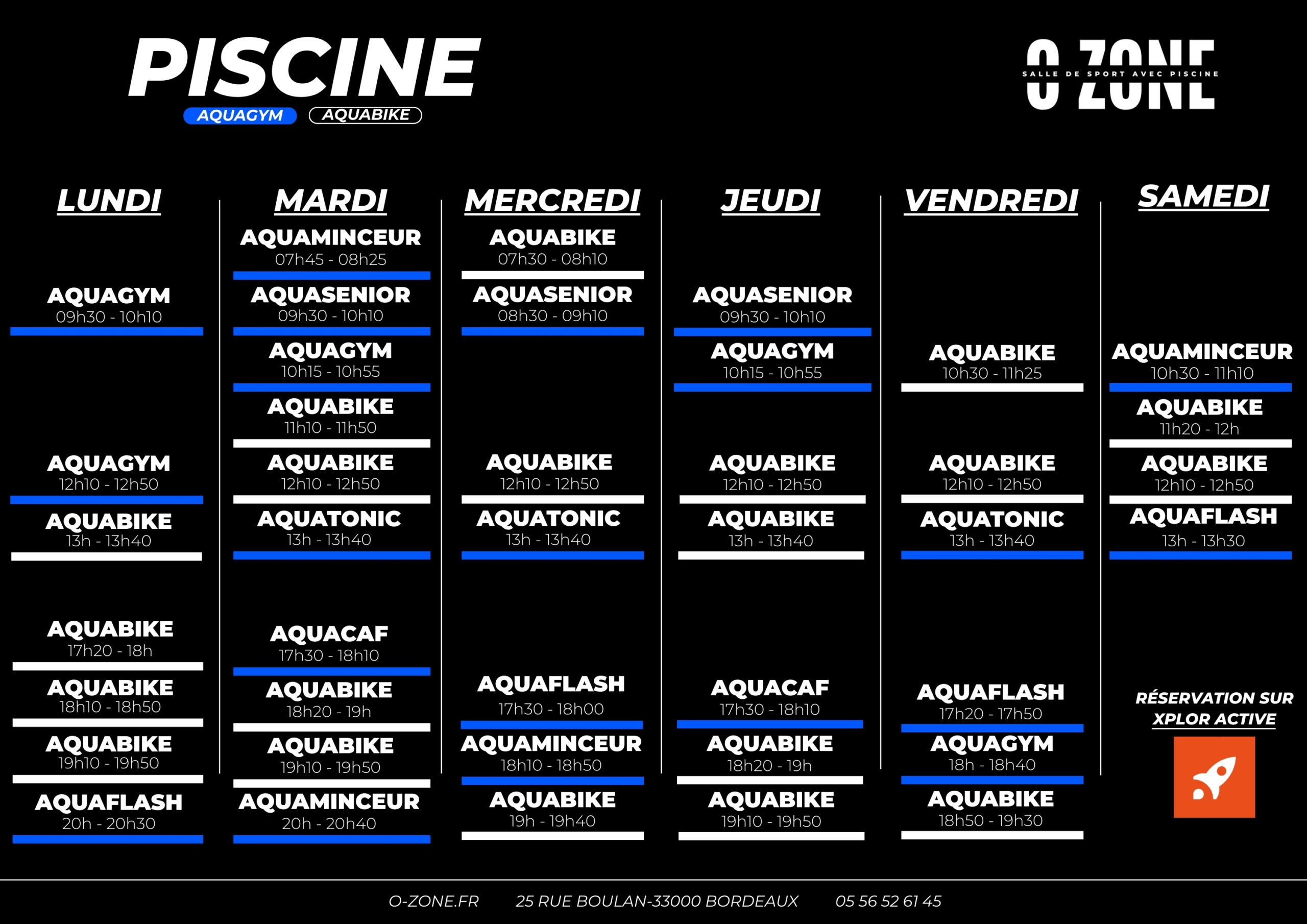 Planning des cours piscine aquabike et aquagym de la salle de sport o-zone à bordeaux