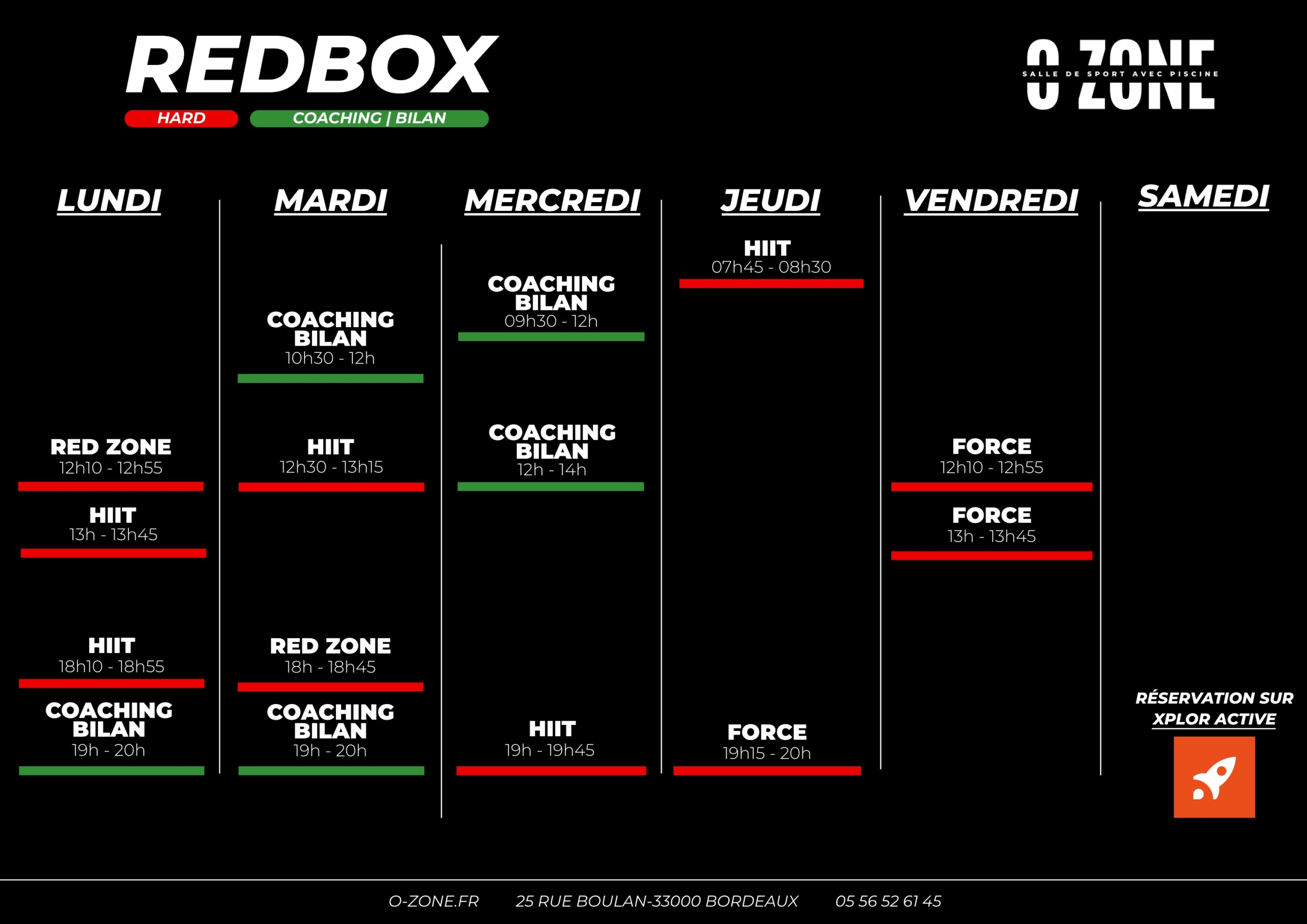 Planning des cours zone redbox et coaching de la salle de sport o-zone à bordeaux