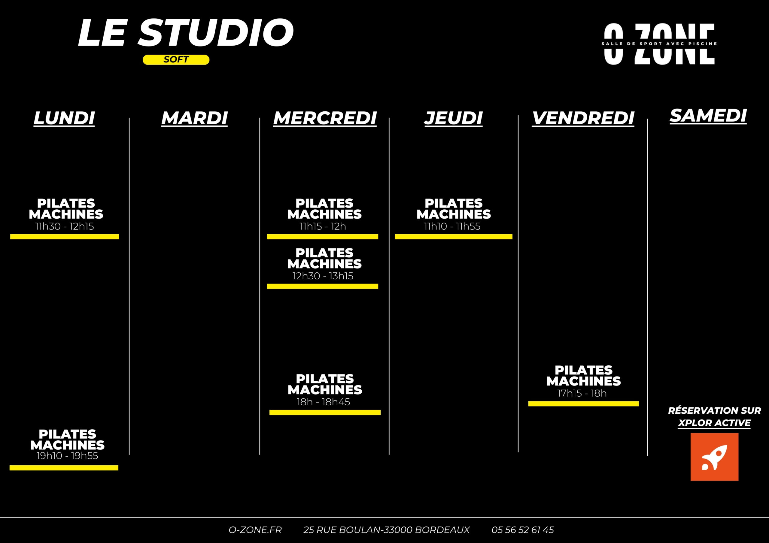 Planning des cours studio pilates reformer de la salle de sport o-zone à bordeaux