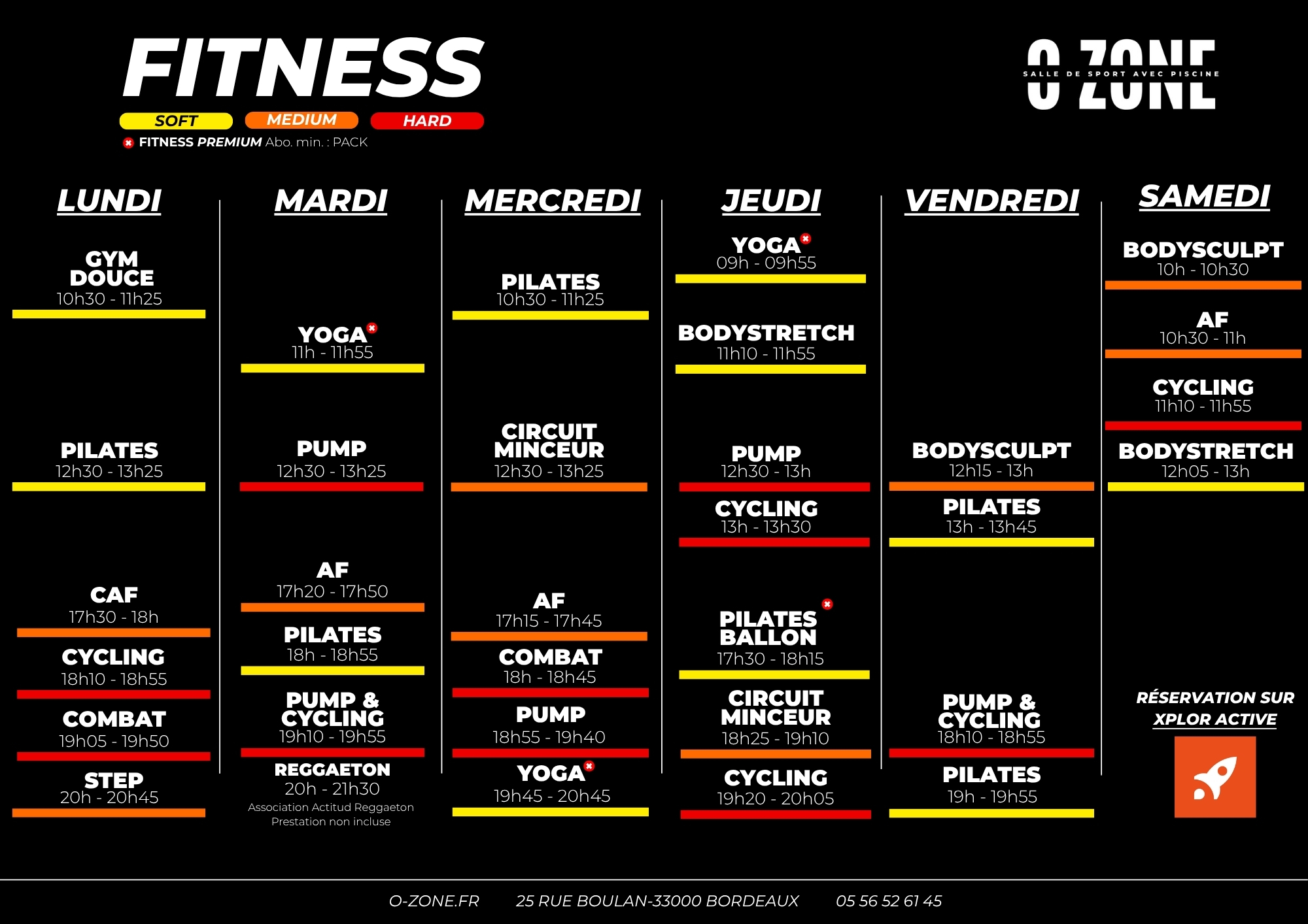 Planning des cours fitness de la salle de sport o-zone à bordeaux