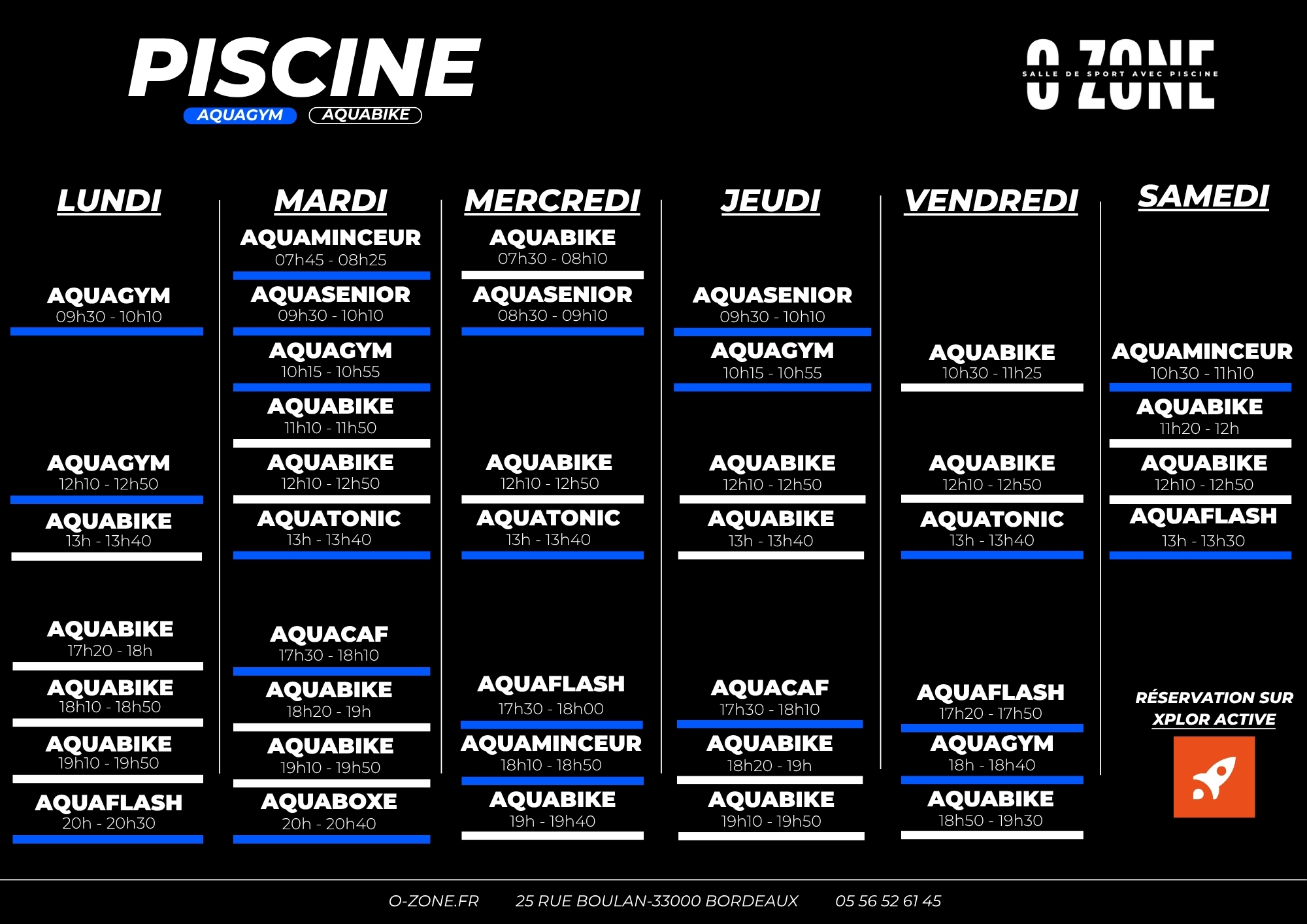 Planning des cours piscine aquabike et aquagym de la salle de sport o-zone à bordeaux