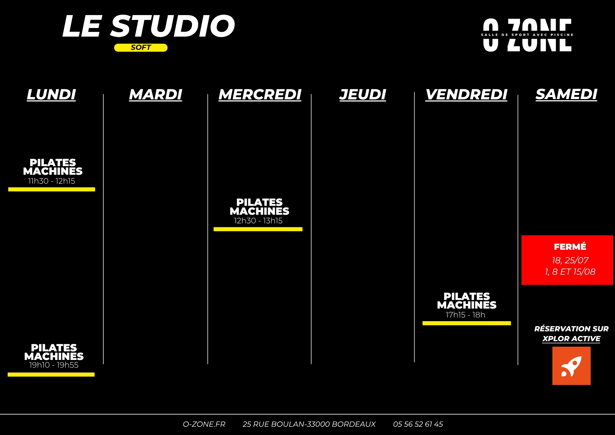 Planning des cours studio pilates reformer de la salle de sport o-zone à bordeaux