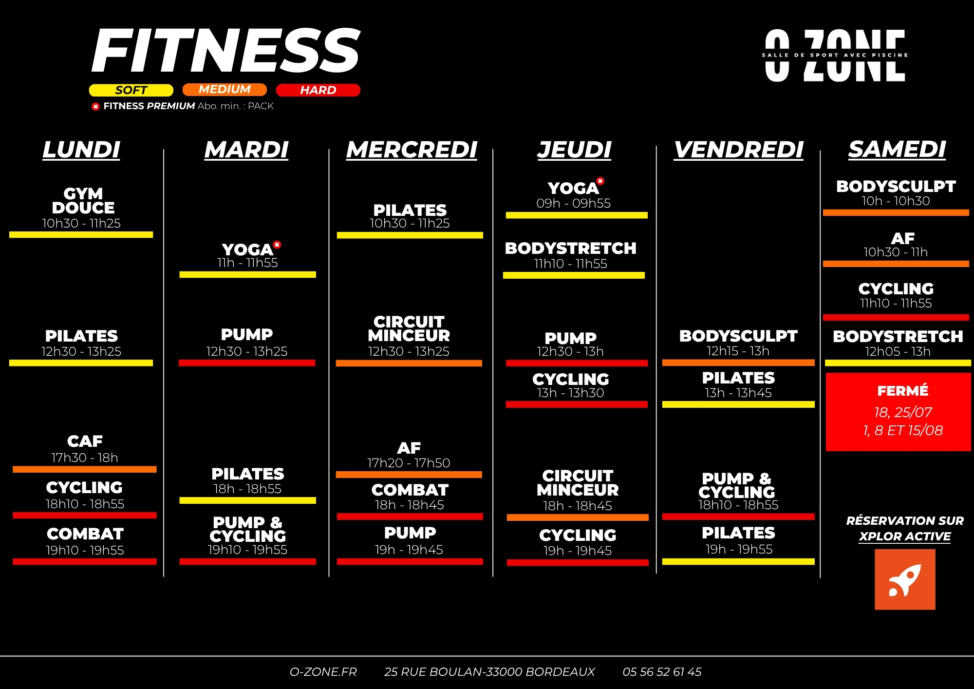Planning des cours fitness de la salle de sport o-zone à bordeaux