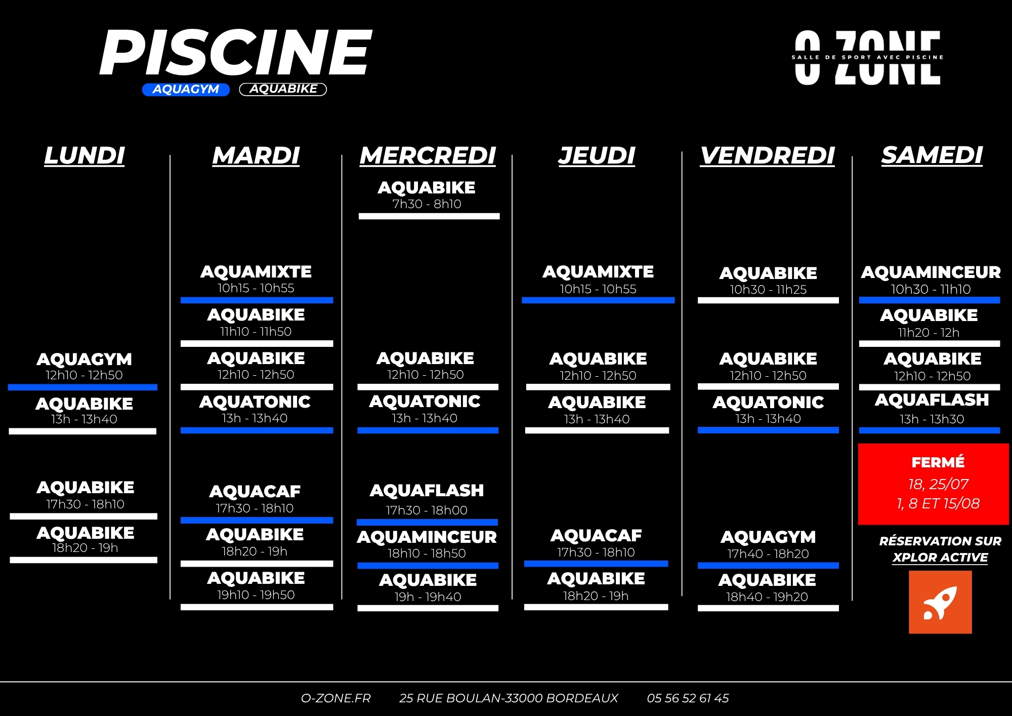 Planning des cours piscine aquabike et aquagym de la salle de sport o-zone à bordeaux
