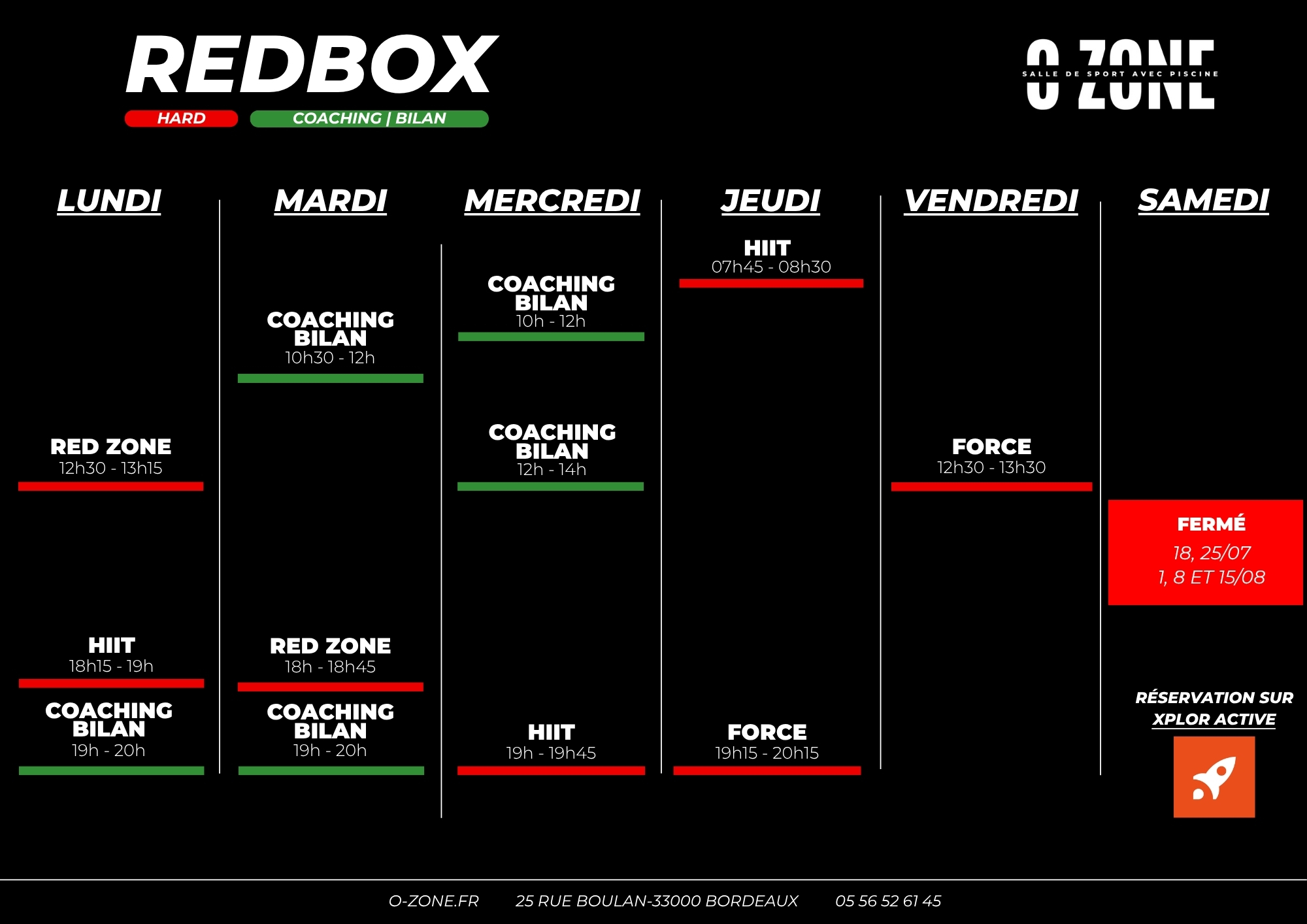 Planning des cours zone redbox et coaching de la salle de sport o-zone à bordeaux