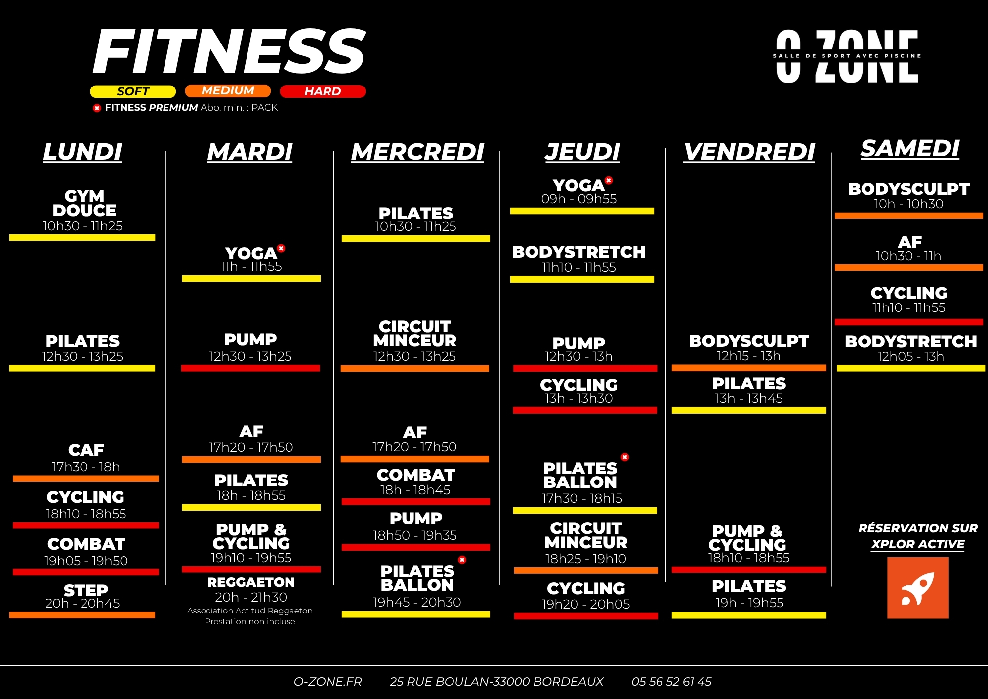 Planning des cours fitness de la salle de sport o-zone à bordeaux