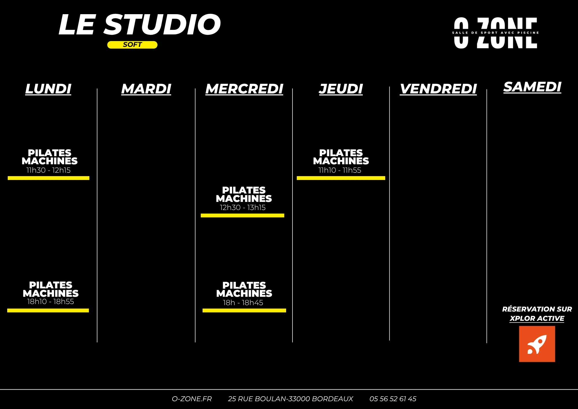 Planning des cours studio pilates reformer de la salle de sport o-zone à bordeaux