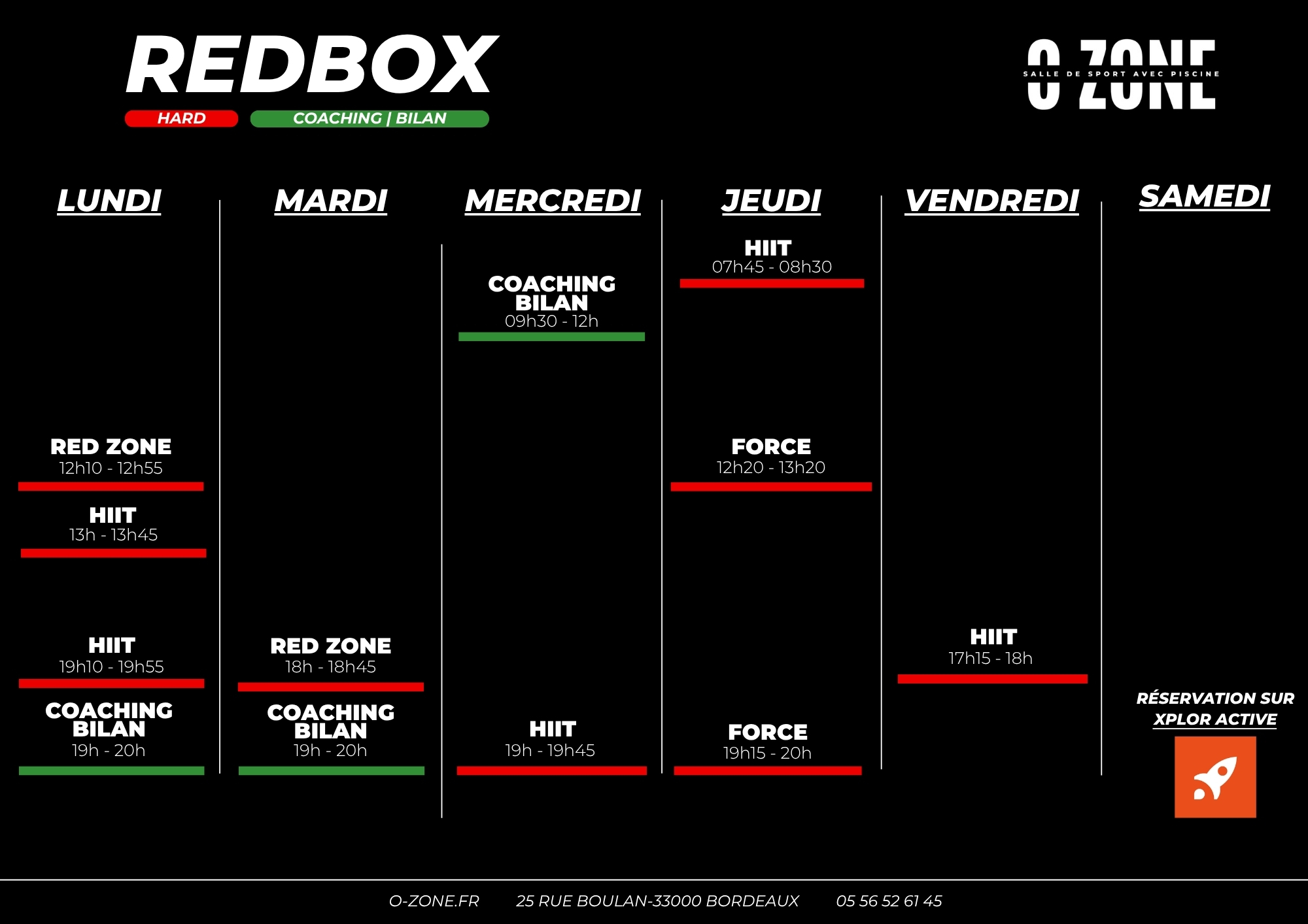 Planning des cours zone redbox et coaching de la salle de sport o-zone à bordeaux